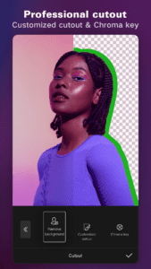 print de tela do app capcut com mulher negra com foto de luzes lilas e indicação de metade de exclusão do fundo