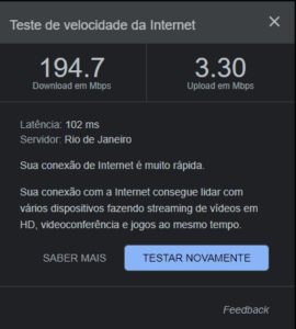 Teste de velocidade da conexão de internet
