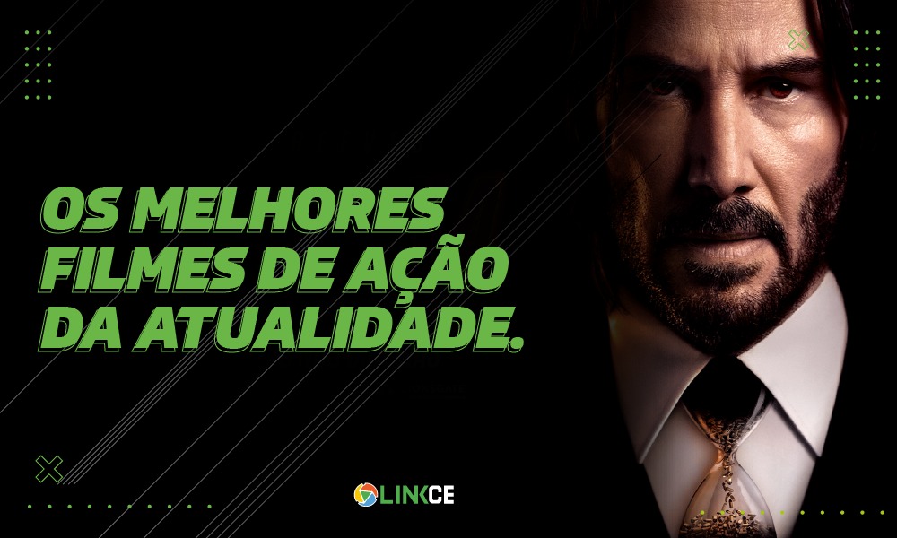 banner com john wick e titulo em verde "os melhores filmes de ação da atuallidade"